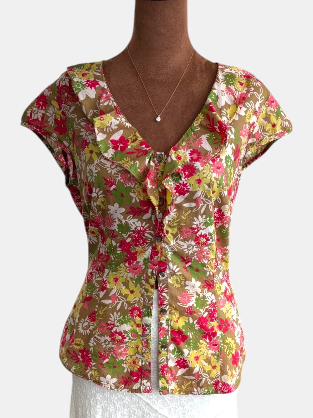 Y2K Vintage Ann Taylor LOFT Floral Ruffle Blouse Cap Sleeve 100% Cotton Size 6